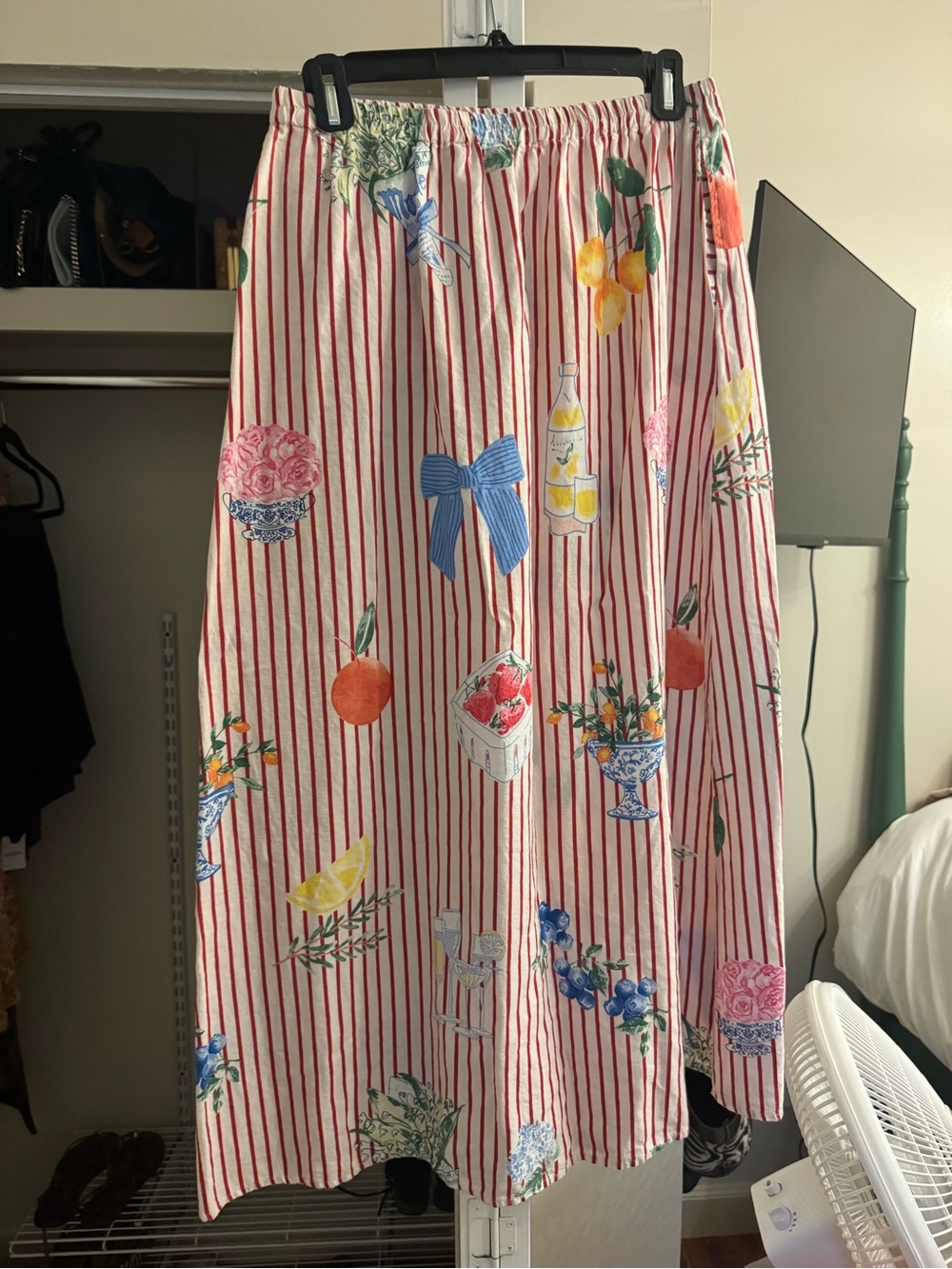 Printed Striped Midi Skirt with Fruit & Floral Motif